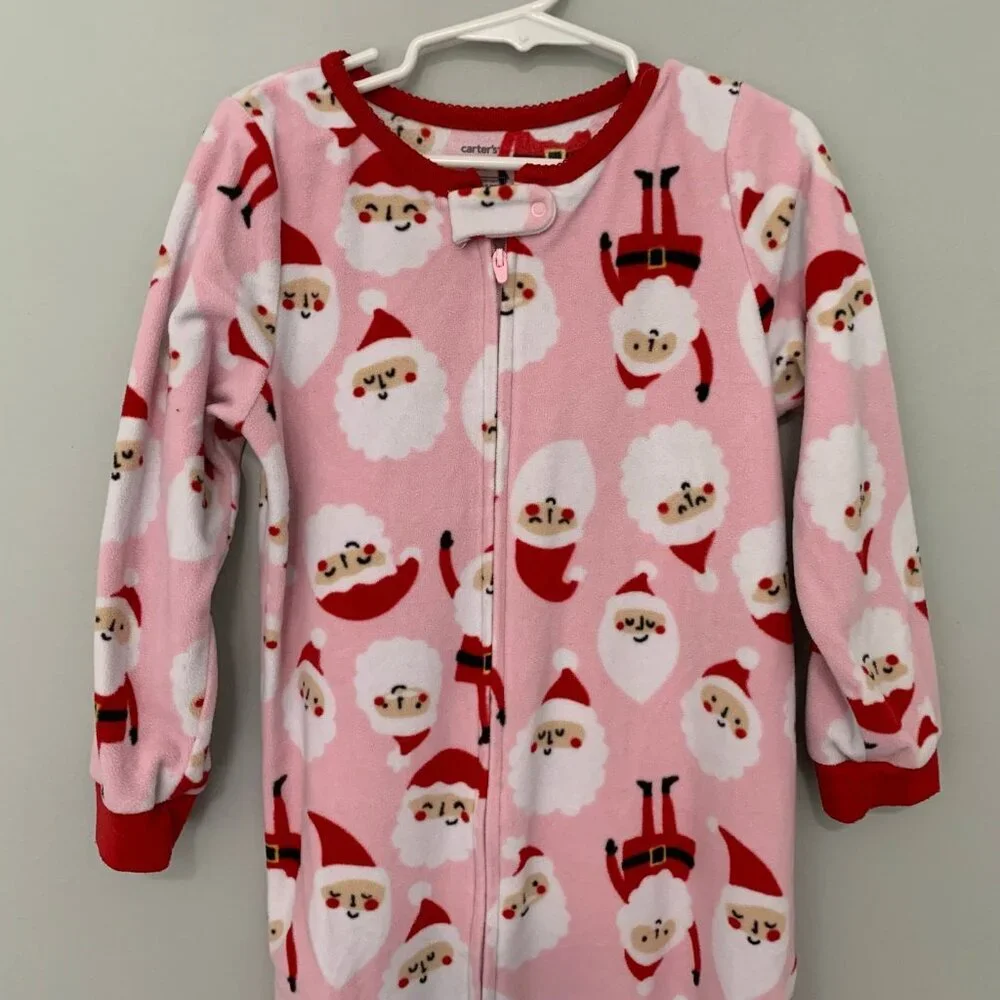 5/$25 Carter's Kids Pink Santa Claus‎ Fleece Footed Pajamas Sleepwear PJs 5T